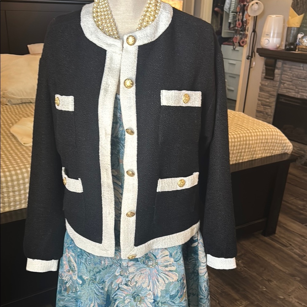 Anthropologie Black and Cream Blazer with Gold Accents
